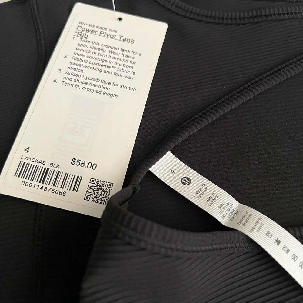 NWT Lululemon ribbed power pivot tank, black, size 4 - Picture 3 of 5